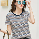 Romildi Striped Crew Neck T-shirt, Elegant Short Sleeve T-shirt For Spring & Summer, Women's Clothing