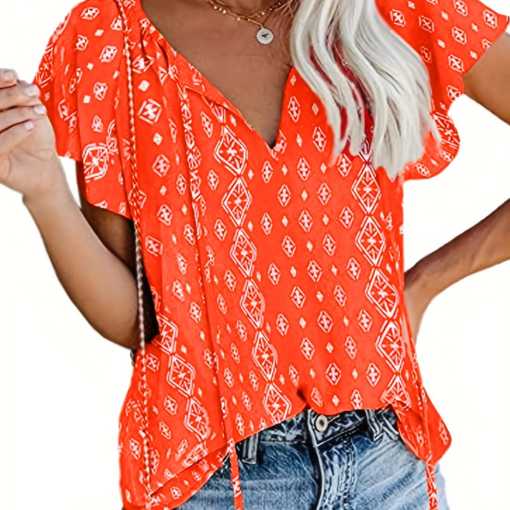 Romildi Romildi Floral Print V Neck Blouse, Short Sleeve Vacation Casual Top For Summer & Spring, Women's Clothing