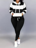 Romildi Romildi Plus Size Casual Outfits Two Piece Set, Women's Plus Colorblock Stripe Print Long Sleeve Drawstring Hoodie Sweatshirt & Joggers Outfits 2 Piece Set