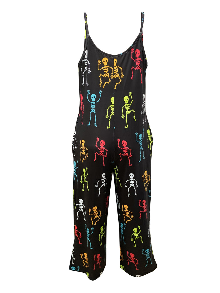 Romildi Plus Size Halloween Jumpsuit, Women's Plus Colorful Skull Print Scoop Neck Wide Leg Cami Jumpsuit With Pockets