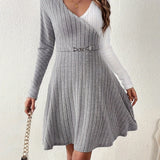 Romildi Ribbed Color Block Dress, Elegant A-line V Neck Long Sleeve Dress, Women's Clothing