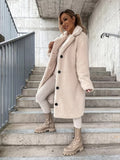 Romildi Fuzzy Mid Length Trench Coat, Casual Button Front Long Sleeve Outerwear, Women's Clothing