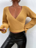 Romildi Solid Surplice Neck Knit Sweater, Casual Long Sleeve Crop Sweater, Women's Clothing