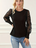 Romildi Leopard Illusion Sleeve Top, Casual Crew Neck Slim Top, Women's Clothing