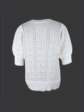 Romildi Solid Eyelet V Neck Pullover Sweater, Casual Puff Sleeve Sweater For Spring & Summer, Women's Clothing