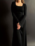 Romildi Lettuce Trim Squared Neck Dress, Elegant Solid Long Sleeve Dress, Women's Clothing