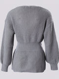 Romildi Solid Notched Neck Knit Sweater, Elegant Cinched Waist Ruffle Long Sleeve Sweater, Women's Clothing