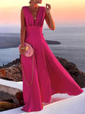 Plunging Solid Dress, Elegant Sleeveless Dress For Spring & Summer, Women's Clothing