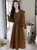 Romildi Crew Neck Knitted Maxi Dress, Elegant Solid Color Button Long Sleeve Sweater A-line Dress For Fall & Winter, Women's Clothing