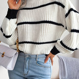 Romildi Striped Color Block Crew Neck Sweater, Casual Long Sleeve Loose Fall Winter Knit Sweater, Women's Clothing