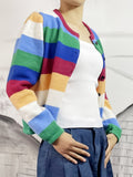 Romildi Rainbow Striped Button Up Knit Cardigan, Boho Crew Neck Long Sleeve Sweater, Women's Clothing