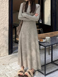 Romildi Button Front Crew Neck Dress, Versatile Long Sleeve Solid Dress For Spring & Fall, Women's Clothing