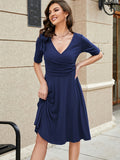 Romildi Solid Surplice Neck Dress, Casual Short Sleeve Dress, Women's Clothing