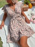 Floral Print Ruffle Hem Dress, Boho Casual V Neck Short Sleeve Dress, Women's Clothing