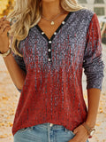 Romildi Vintage Ethnic Print T-shirt, V-neck Long Sleeve Button T-shirt, Women's Clothing