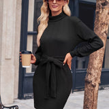 Romildi Turtleneck Solid Dress, Casual Simple Long Sleeve Mini Dress, Women's Clothing