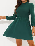 Romildi Solid A-line Lantern Sleeve Dress, Casual Ruffle Trim Round Neck Dress For Spring & Fall, Women's Clothing