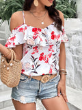 Romildi Boho Floral Print Spaghetti Blouse , Vacation Cold Shoulder Ruffle Trim Summer Tops , Women's Clothing
