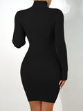 Romildi Solid Rib Knit Sweater Dress, Sexy High Neck Zipper Cut Out Slim Dress, Women's Clothing