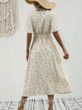 Romildi Flutter Sleeve V Neck Belted Dress, Floral Print Short Sleeve Vacation Casual Dress For Summer & Spring, Women's Clothing