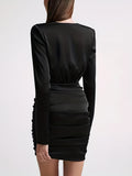 Romildi Solid Deep V Neck Ruched Dress, Sexy Long Sleeve Bodycon Dress For Spring & Fall, Women's Clothing