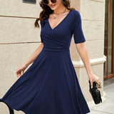 Romildi Solid Surplice Neck Dress, Casual Short Sleeve Dress, Women's Clothing
