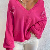 Beaded Heart V Neck Pullover Sweater, Casual Long Sleeve Drop Shoulder Sweater, Women's Clothing