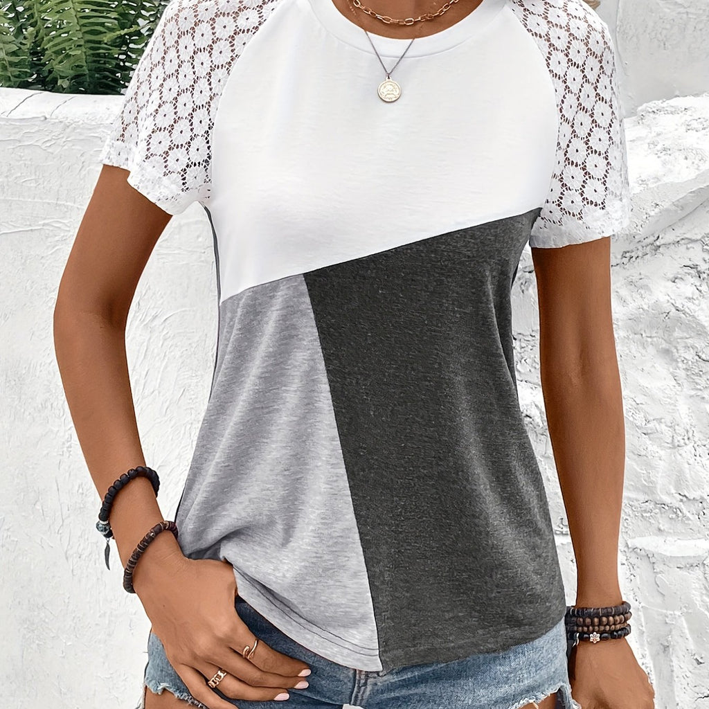 Romildi Color Block Simple T-shirt, Casual Crew Neck Short Sleeve Summer T-shirt, Women's Clothing