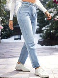 Romildi High Rise Light Wash Blue Mom Jeans, Zipper Button Closure Slash Pocket Solid Color Casual Denim Pants, Women's Denim Jeans & Clothing