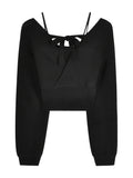 Romildi Solid Color Faux Twinset Sweater, Chic Long Sleeve Crop Tied Sweater For Fall & Winter, Women's Clothing