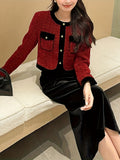 Romildi Elegant Work Two-piece Set, Button Front Long Sleeve Tops & Solid Split Skirts Outfits, Women's Clothing