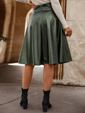 Romildi Faux Leather Button Front Skirt, Elegant Ruffle Hem Midi Skirt With Pocket, Women's Clothing