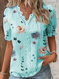 Romildi Floral Print V Neck Lace Trim Blouse, Boho Puff Sleeve Blouse For Summer, Women's Clothing