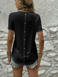 Romildi Back Button Eyelet T-shirt, Casual V Neck Short Sleeve T-Shirt For Spring & Summer, Women's Clothing