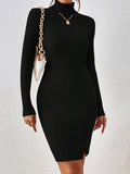 Romildi Split Turtleneck Bodycon Dress, Elegant Solid Long Sleeve Dress, Women's Clothing