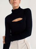 Romildi Solid Turtle Neck Knitted Top, Casual Cut Out Long Sleeve Slim Sweater, Women's Clothing