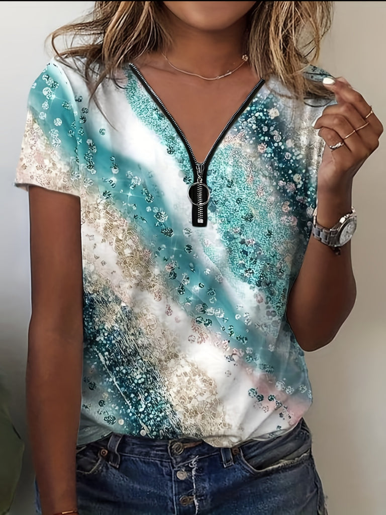 Romildi Marble Print Zipper T-shirt, Casual V Neck Short Sleeve Versatile T-shirt, Women's Clothing