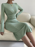 Romildi Solid Bodycon Twist Front Dress, Crew Neck Dress For Fall & Winter, Women's Clothing