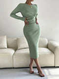 Romildi Solid Bodycon Twist Front Dress, Crew Neck Dress For Fall & Winter, Women's Clothing