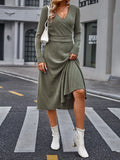 Romildi Solid Surplice Neck Dress, Elegant Long Sleeve Midi Dress, Women's Clothing