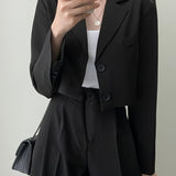 Romildi Solid Button Front Crop Blazer, Elegant Lapel Long Sleeve Blazer For Office & Work, Women's Clothing
