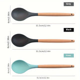 1pc Silicone Spoon with Wooden Handle - Durable, Non-Stick, Heat Resistant, for Cooking & Serving, Ideal for Soup, Salad Mixing, Kitchen Use