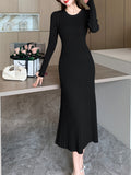Romildi Solid Color Long Sleeve Knit Dress, Chic Long Sleeve Crew Neck A-line Dress, Women's Clothing