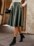 Romildi Faux Leather Button Front Skirt, Elegant Ruffle Hem Midi Skirt With Pocket, Women's Clothing