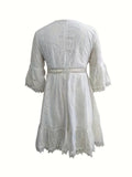 Solid Eyelet V Neck A-line Dress, Casual Tassel Three-quarter Sleeve Dress, Women's Clothing