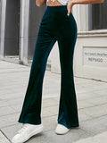 Romildi Solid Velvet Flare Leg Pants, Elegant High Waist Slim Pants, Women's Clothing