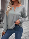 Romildi Button Front Notch Neck T-Shirt, Casual Long Sleeve Top For Spring & Fall, Women's Clothing