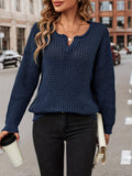 Romildi Solid Notched Neck Knit Sweater, Casual Long Sleeve Sweater, Women's Clothing