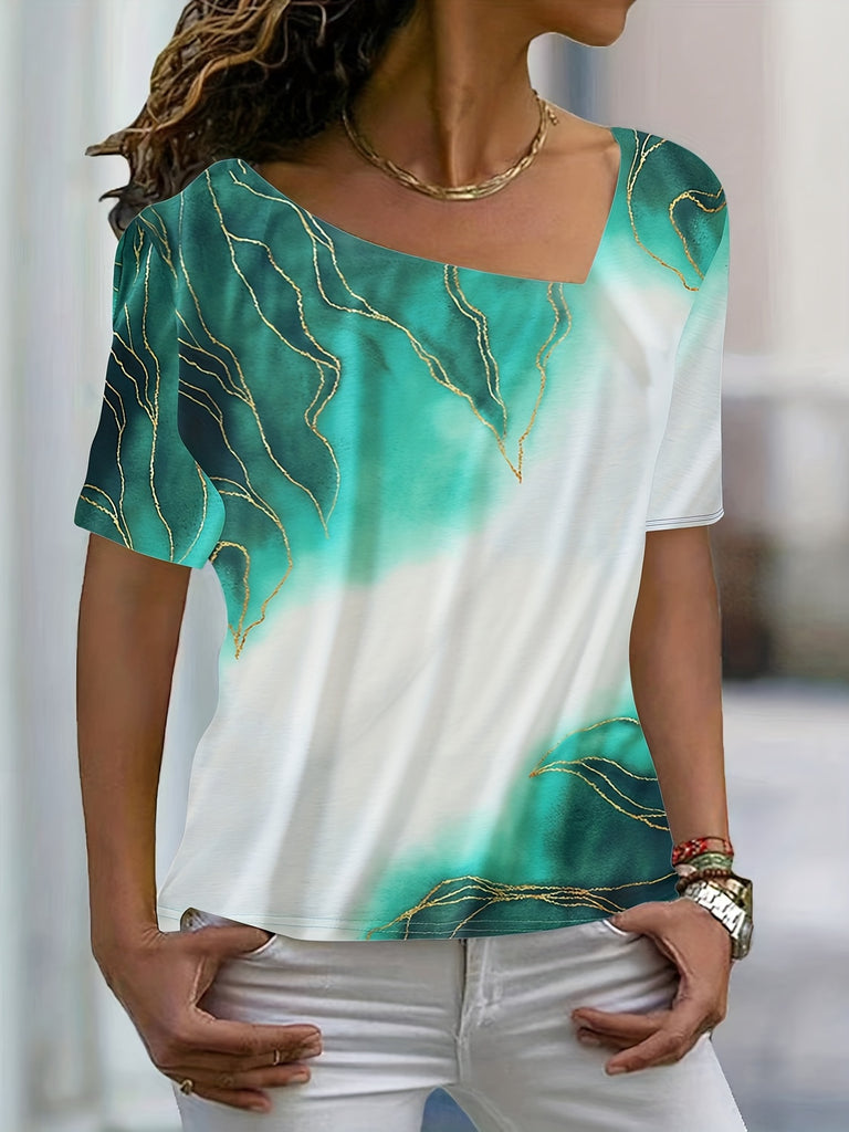 Romildi Marble Print Asymmetrical T-shirt, Casual Short Sleeve V Neck Summer T-shirt, Women's Clothing