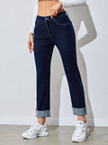Romildi Raw Hem Rolled Legs Mid Rise Slim Fit Straight Legs High Stretchy Washed Blue Color Vintage Straight Jeans, Women's Denim Jeans